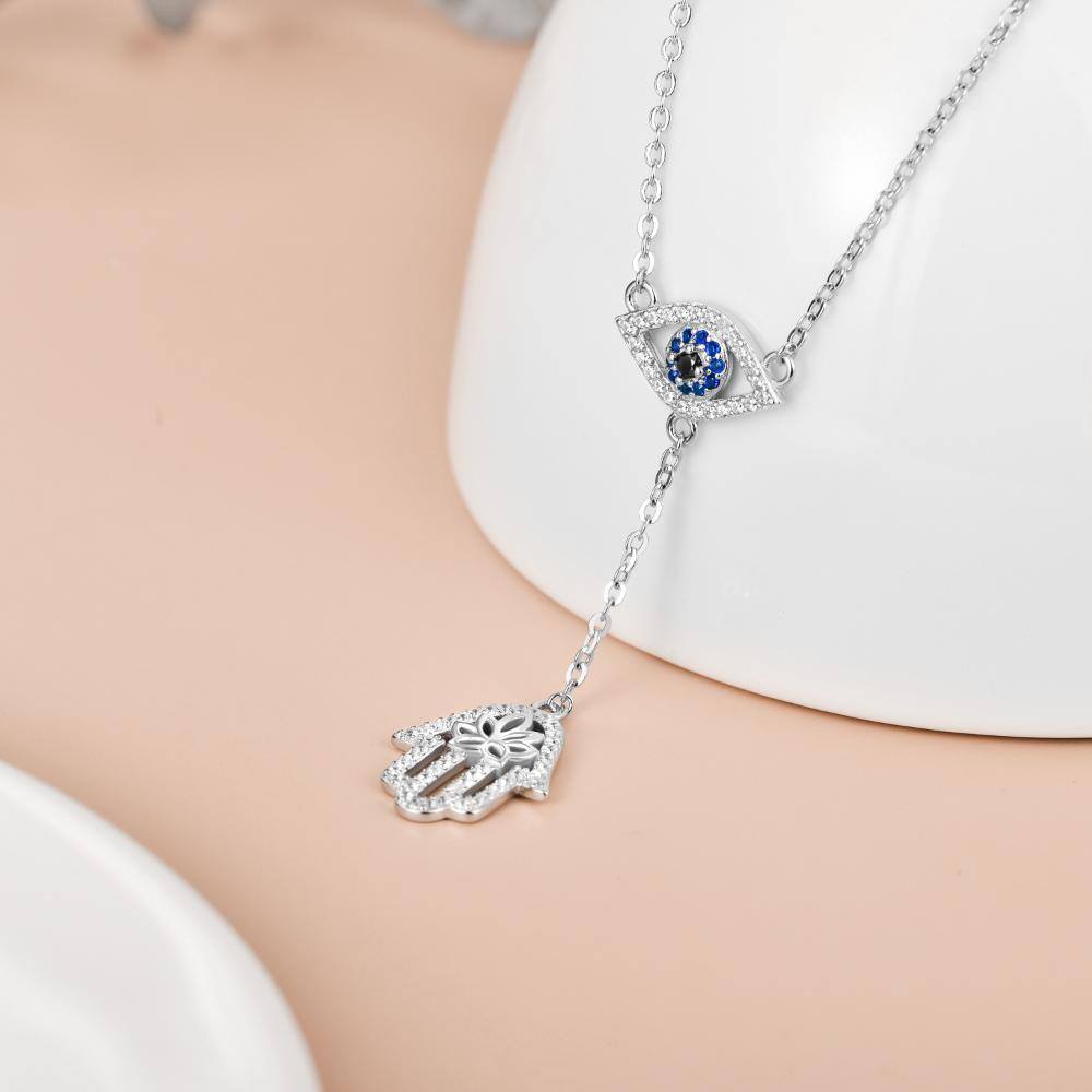 Sterling Silver Round Cubic Zirconia Evil Eye & Hamsa Hand Non-adjustable Y-Necklace-4