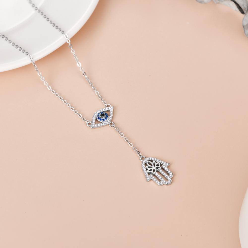 Sterling Silver Round Cubic Zirconia Evil Eye & Hamsa Hand Non-adjustable Y-Necklace-5