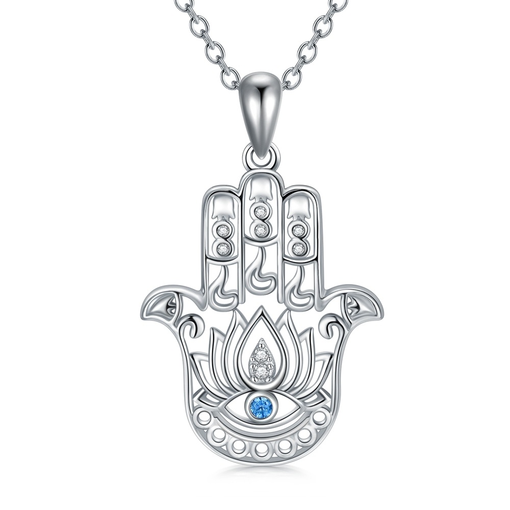 Collana con ciondolo a forma di occhio maligno rotondo e mano Hamsa in argento sterling-1