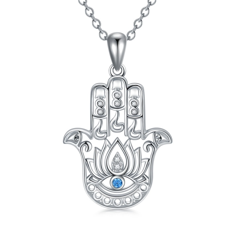 Sterling Silver Round Evil Eye & Hamsa Hand Pendant Necklace-14