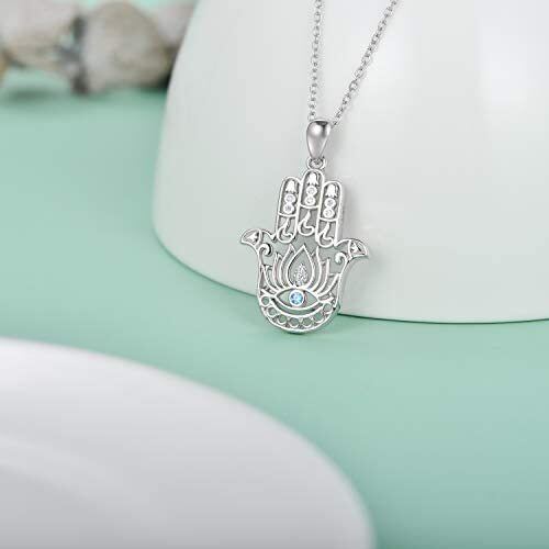 Collana con ciondolo a forma di occhio maligno rotondo e mano Hamsa in argento sterling-3