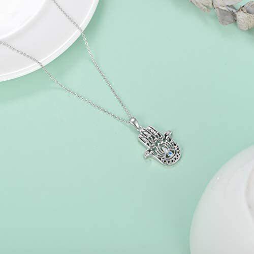 Collana con ciondolo a forma di occhio maligno rotondo e mano Hamsa in argento sterling-4