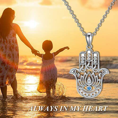 Collana con ciondolo a forma di occhio maligno rotondo e mano Hamsa in argento sterling-5