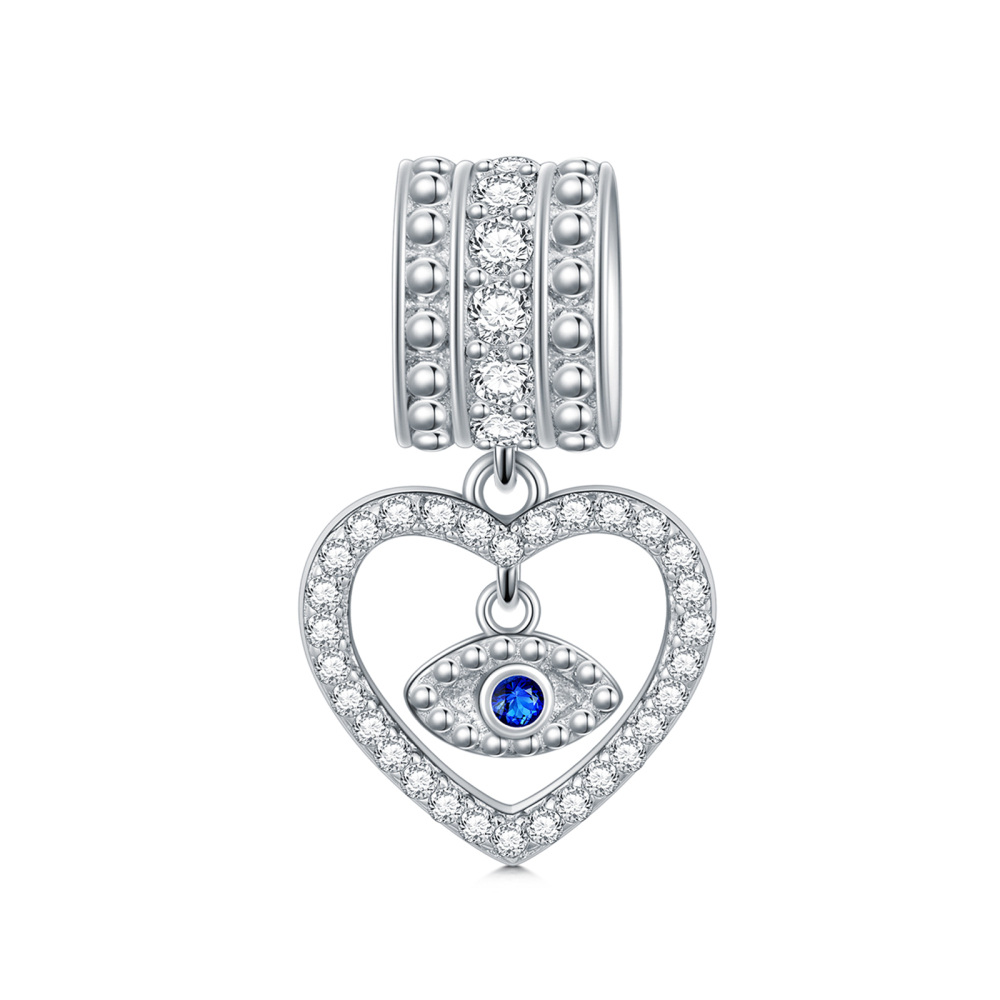 Sterling Silver Round Cubic Zirconia Evil Eye & Heart Pendant Charms-1