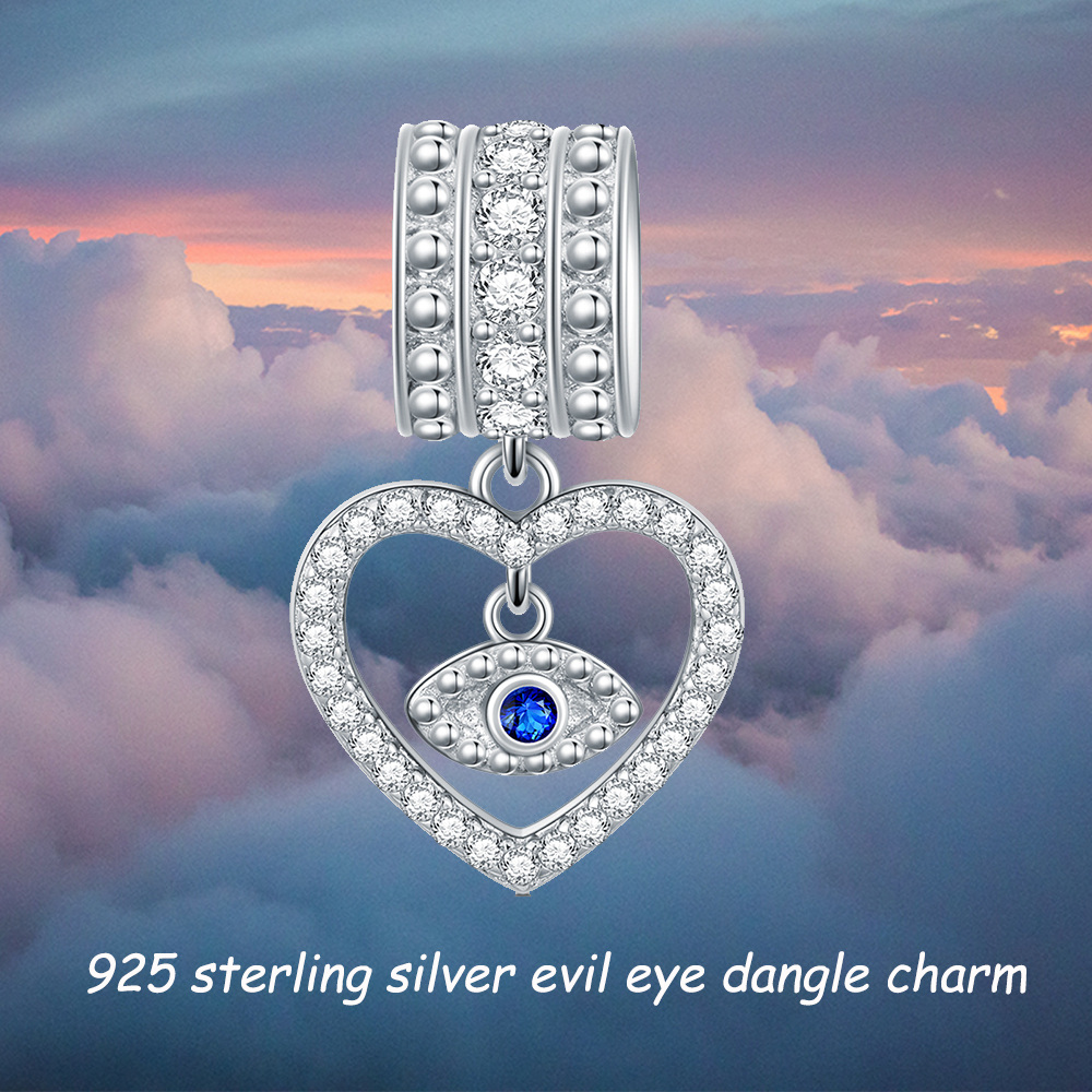 Sterling Silber Runde Cubic Zirkonia Evil Eye & Herz-Anhänger Charms-5