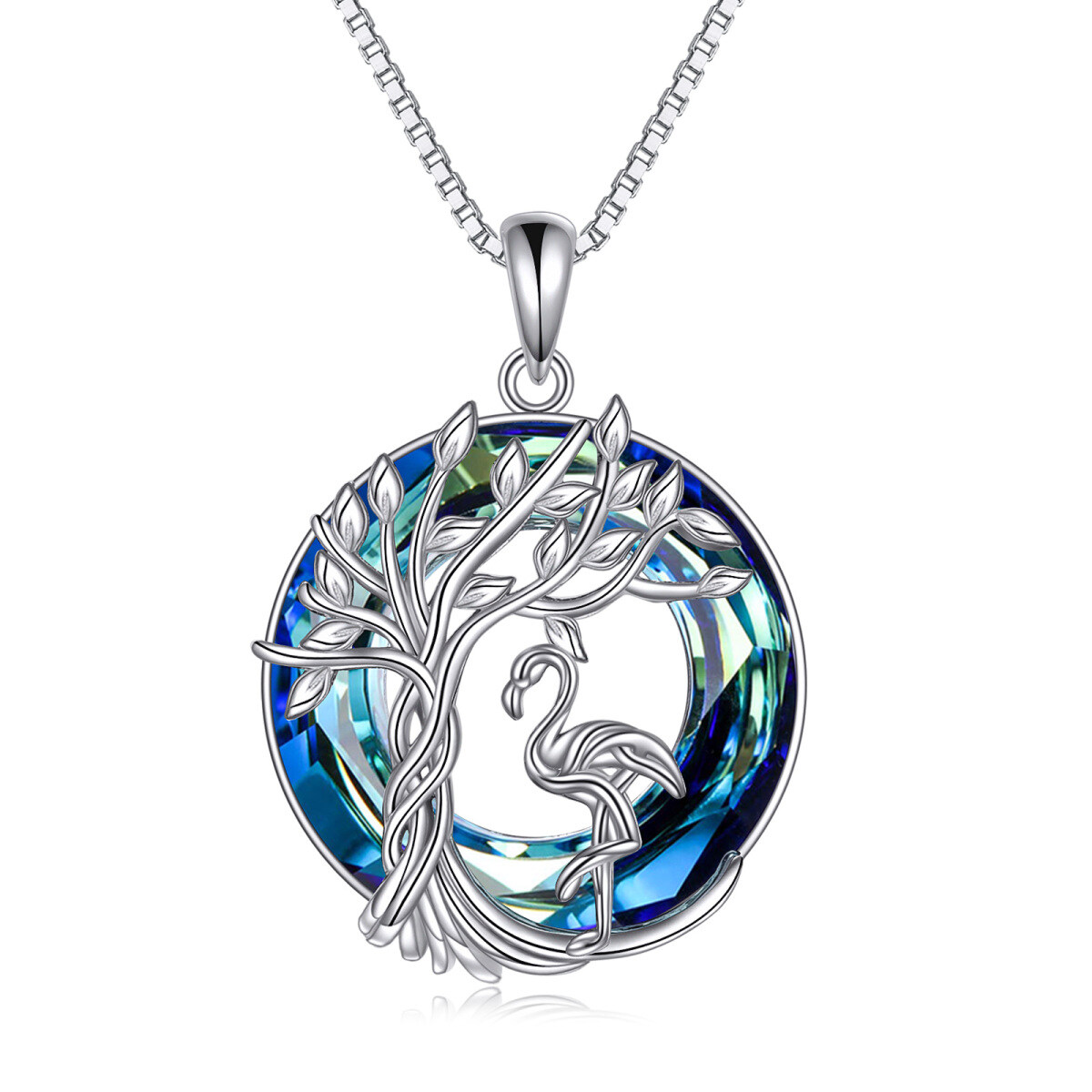 Sterling Silver Round Flamingo & Tree Of Life Crystal Pendant Necklace-1