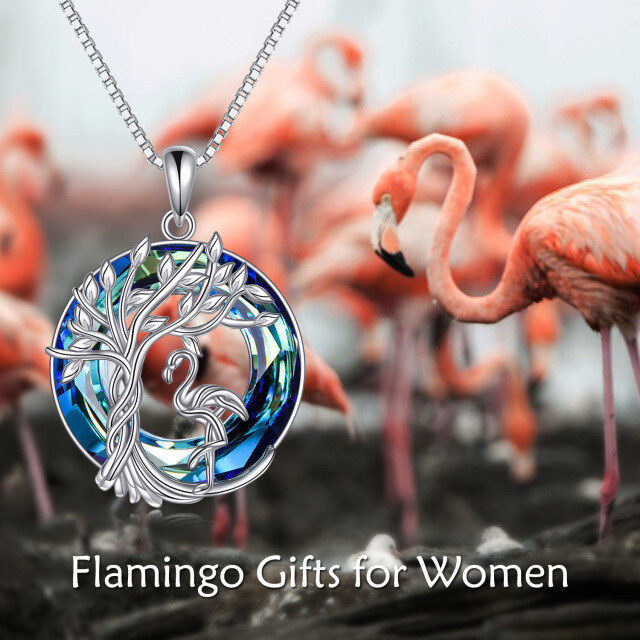 Colar de prata esterlina com pingente de cristal de flamingo redondo e árvore da vida-4