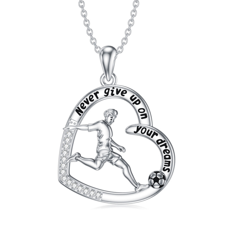 Sterling Silver Round Cubic Zirconia Football & Heart Pendant Necklace with Engraved Word-8