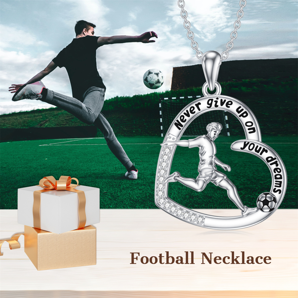 Sterling Silver Round Cubic Zirconia Football & Heart Pendant Necklace with Engraved Word-3