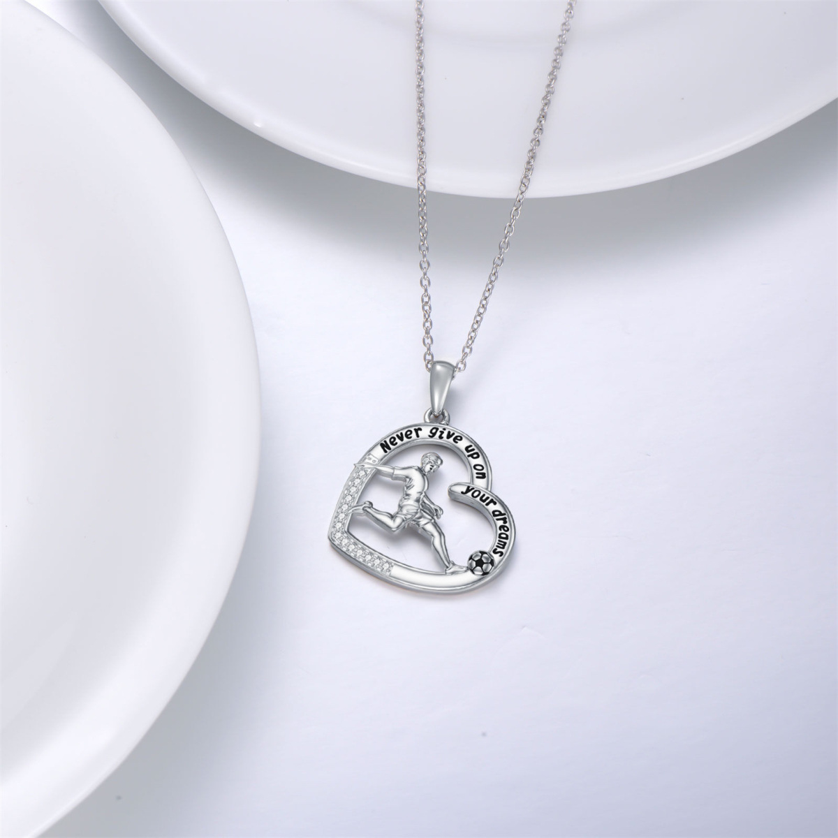 Sterling Silver Round Cubic Zirconia Football & Heart Pendant Necklace with Engraved Word-5