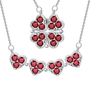 Sterling Silver Round Cubic Zirconia Four Leaf Clover & Heart Pendant Necklace-50