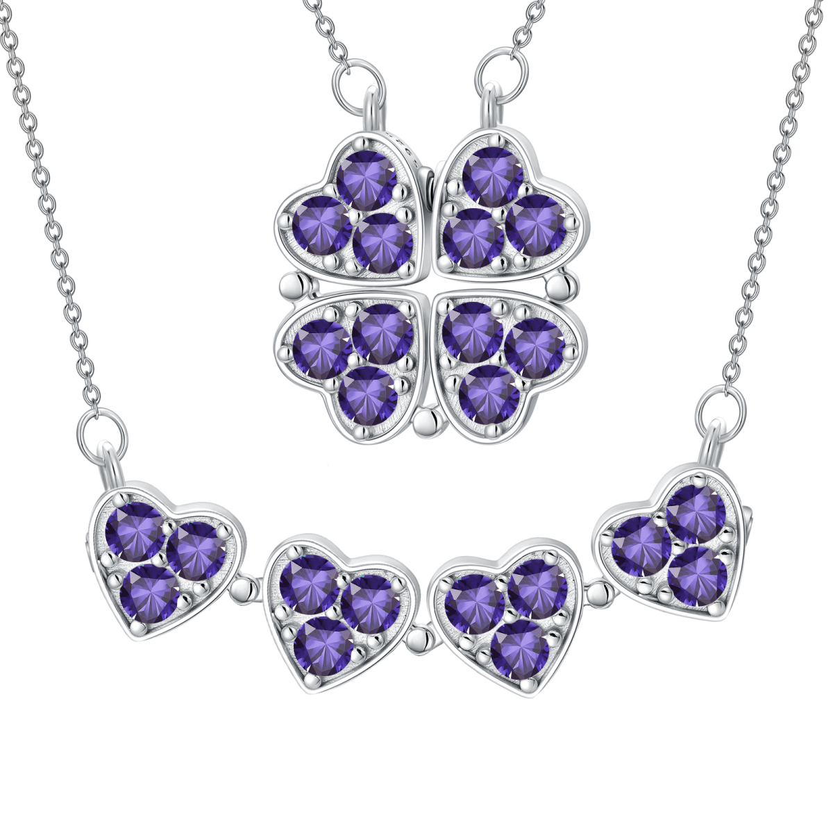 Collana con ciondolo a cuore e quadrifoglio in argento sterling con zirconia cubica rotonda-1