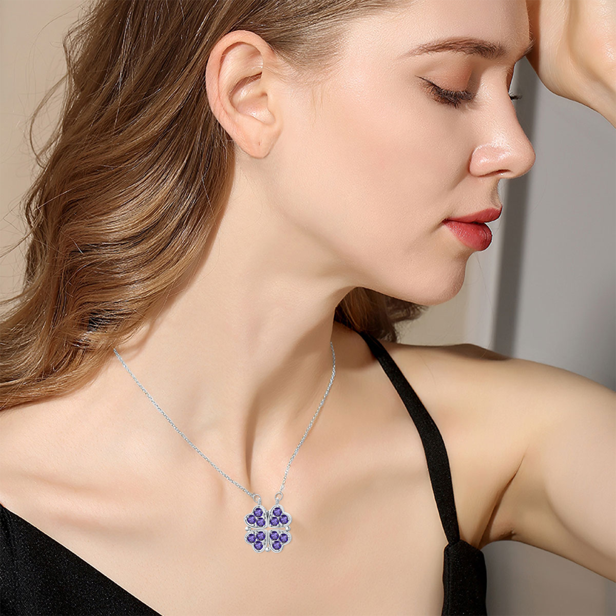 Collana con ciondolo a cuore e quadrifoglio in argento sterling con zirconia cubica rotonda-4