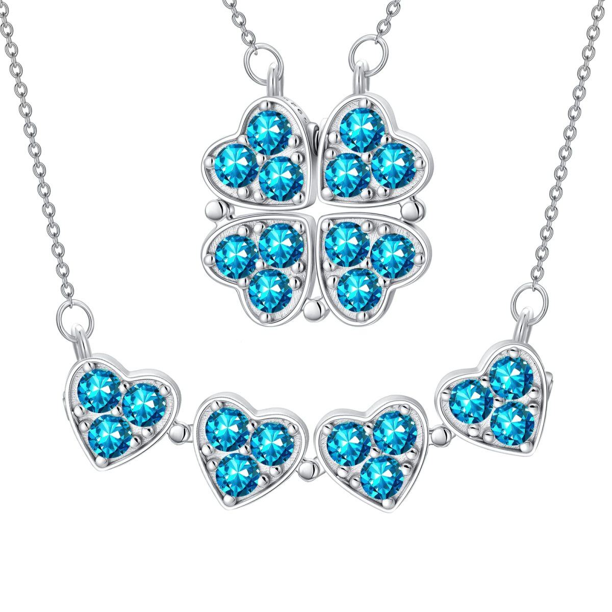 Sterling Silver Round Cubic Zirconia Four Leaf Clover & Heart Pendant Necklace-1
