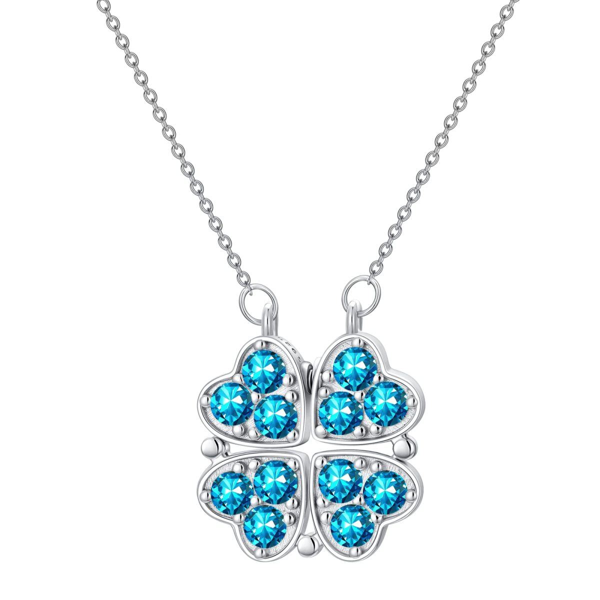 Sterling Silver Round Cubic Zirconia Four Leaf Clover & Heart Pendant Necklace-4