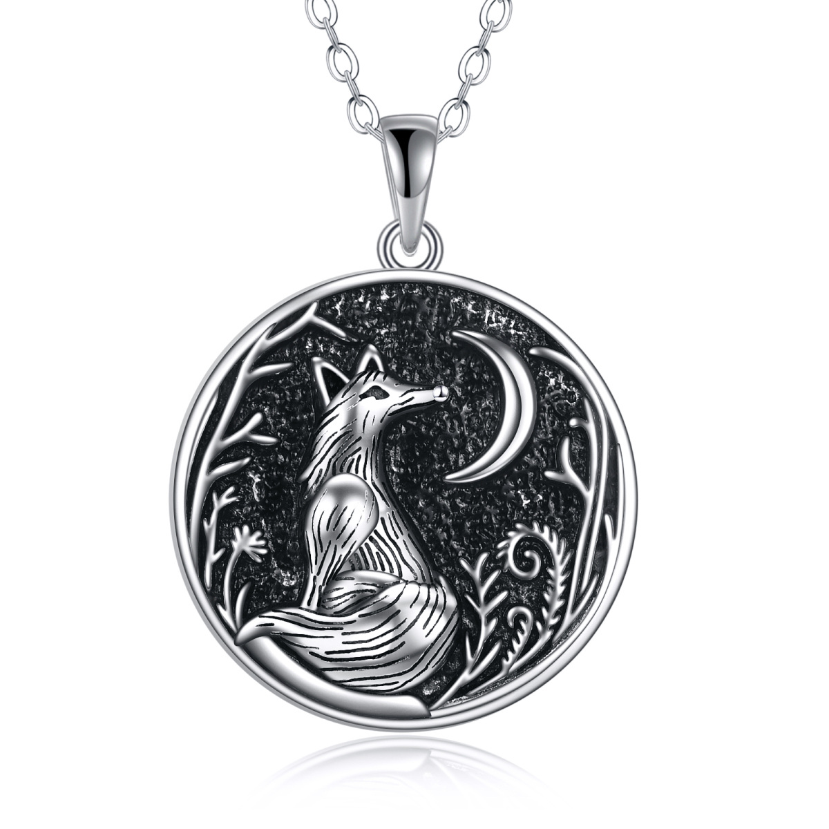 Collier en argent sterling avec pendentif renard rond et lune-1