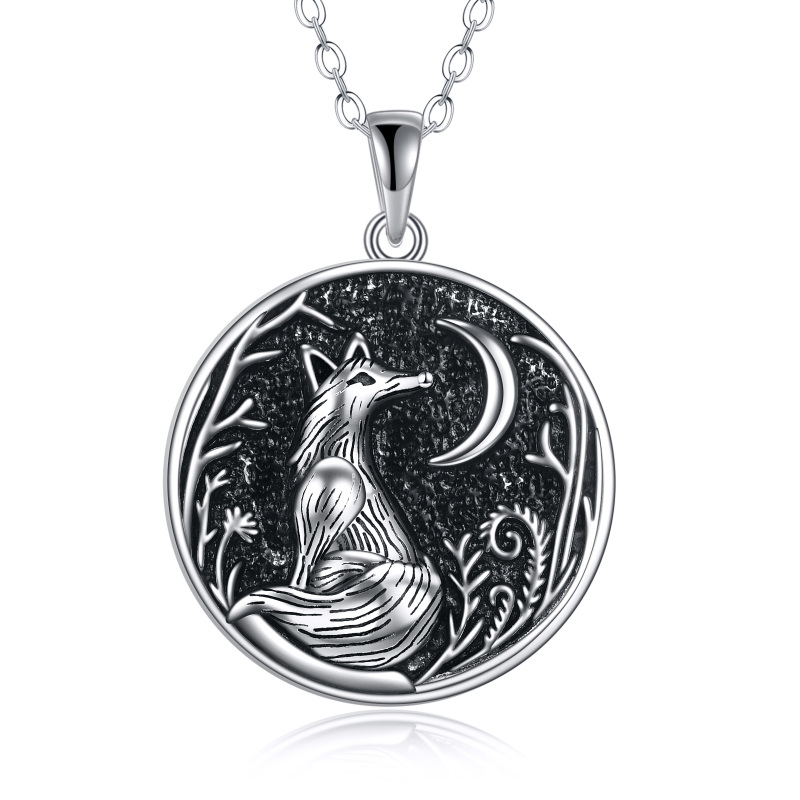 Sterling Silver Round Fox & Moon Pendant Necklace-5