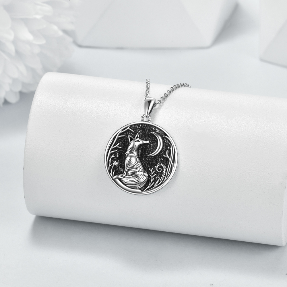 Sterling Silver Round Fox & Moon Pendant Necklace-3