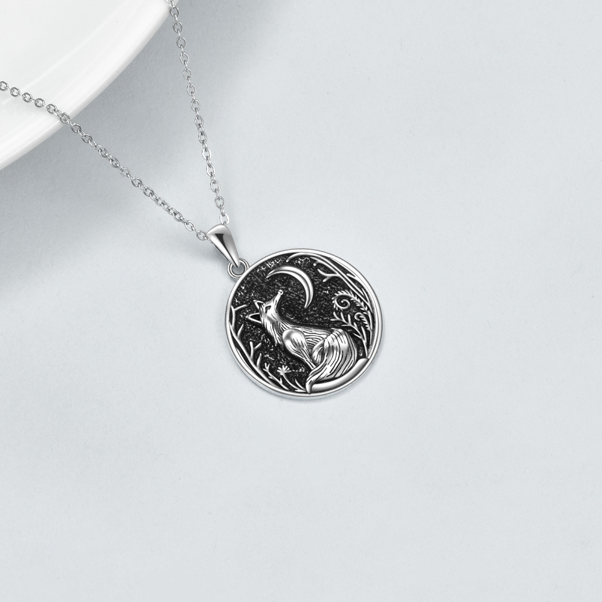 Sterling Silver Round Fox & Moon Pendant Necklace-4