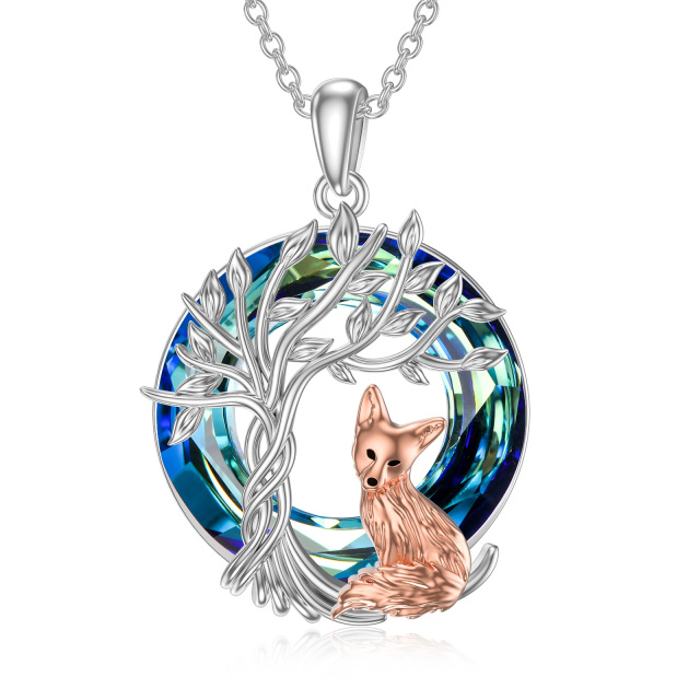 Sterling Silver Round Fox & Tree Of Life Crystal Pendant Necklace-1