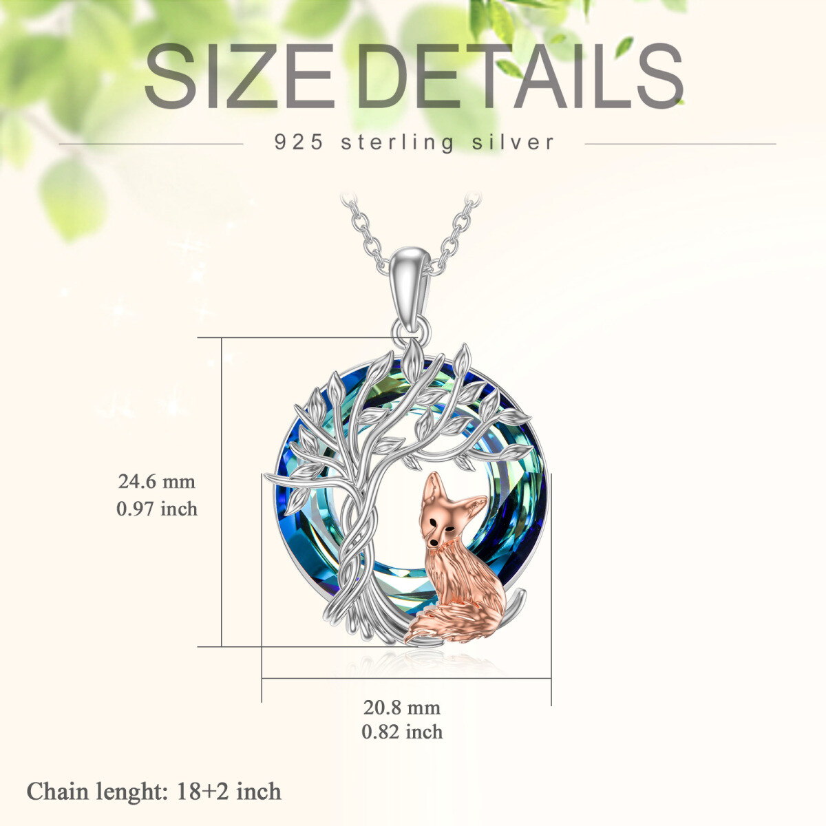 Sterling Silver Round Fox & Tree Of Life Crystal Pendant Necklace-5