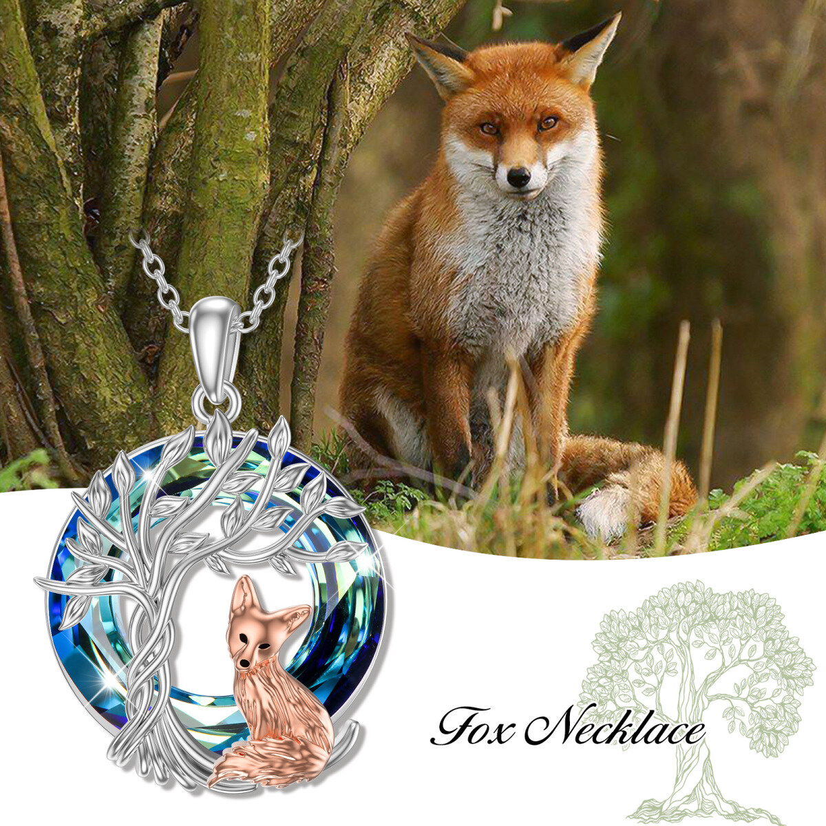 Collier en argent sterling avec pendentif renard rond et cristal de l'arbre de vie-6