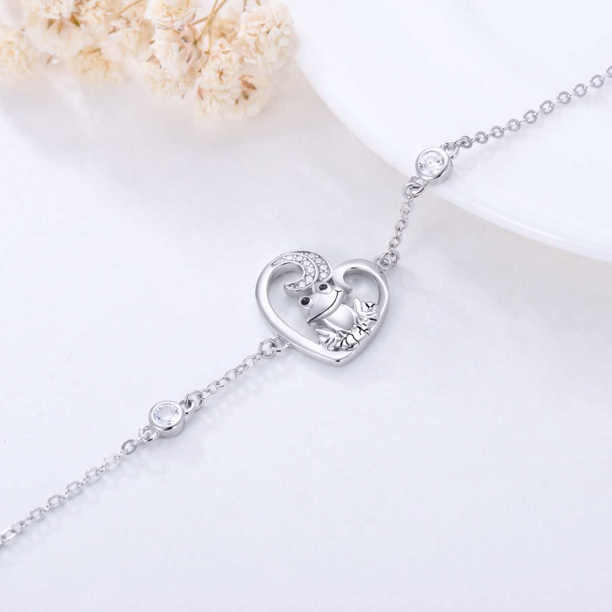 Sterling Silver Round Cubic Zirconia Frog & Heart Pendant Bracelet-4