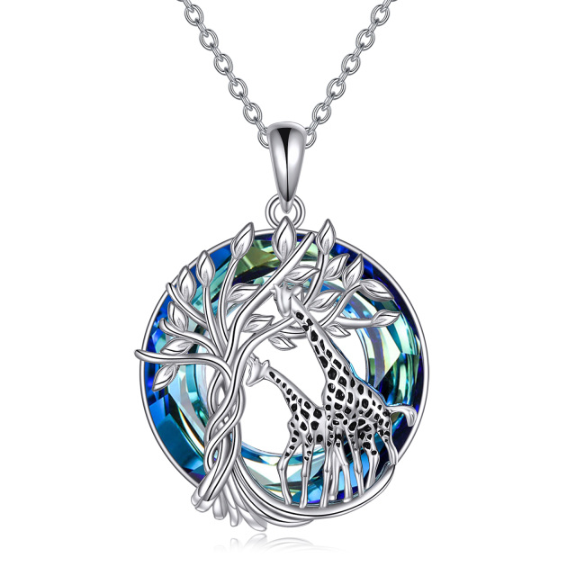 Sterling Silver Round Giraffe & Tree Of Life Crystal Pendant Necklace-1