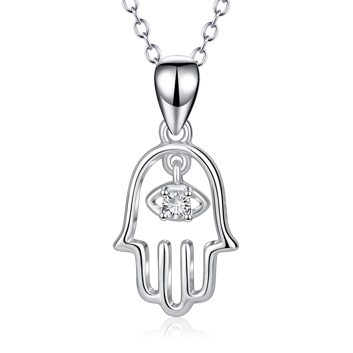 Collar Colgante Mano Hamsa Redondo Zirconia Cúbica de Plata de Ley-1