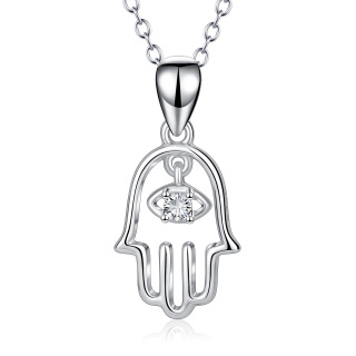 Sterling Silver Round Cubic Zirconia Hamsa Hand Pendant Necklace-3