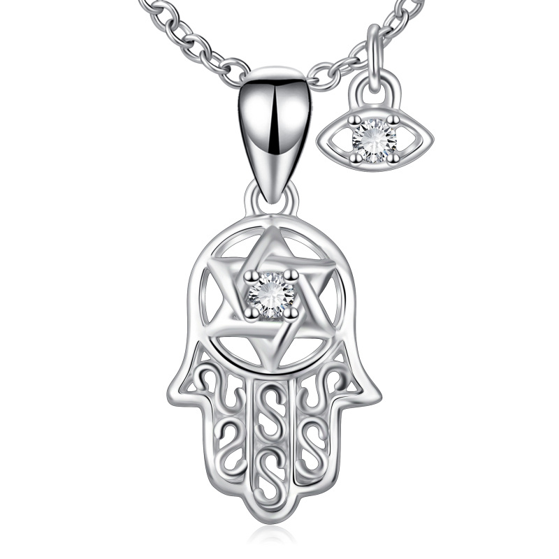 Sterling Silver Evil Eye Hamsa Hand Star Of David Necklace for Women-3
