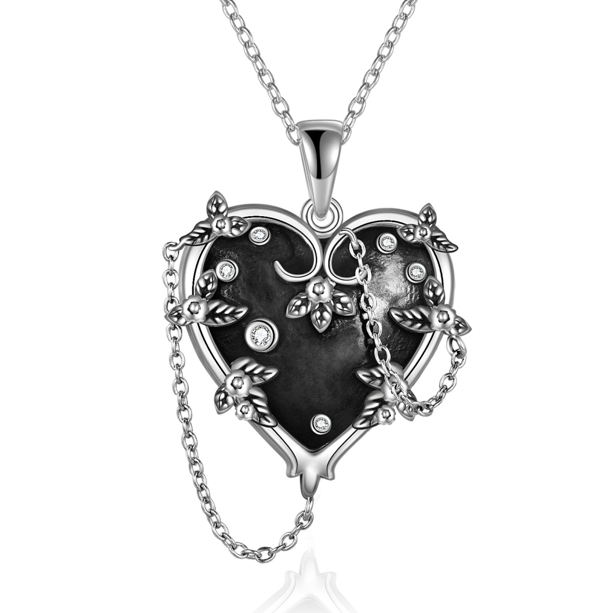 Sterling Silver Round Cubic Zirconia Heart Pendant Necklace-1