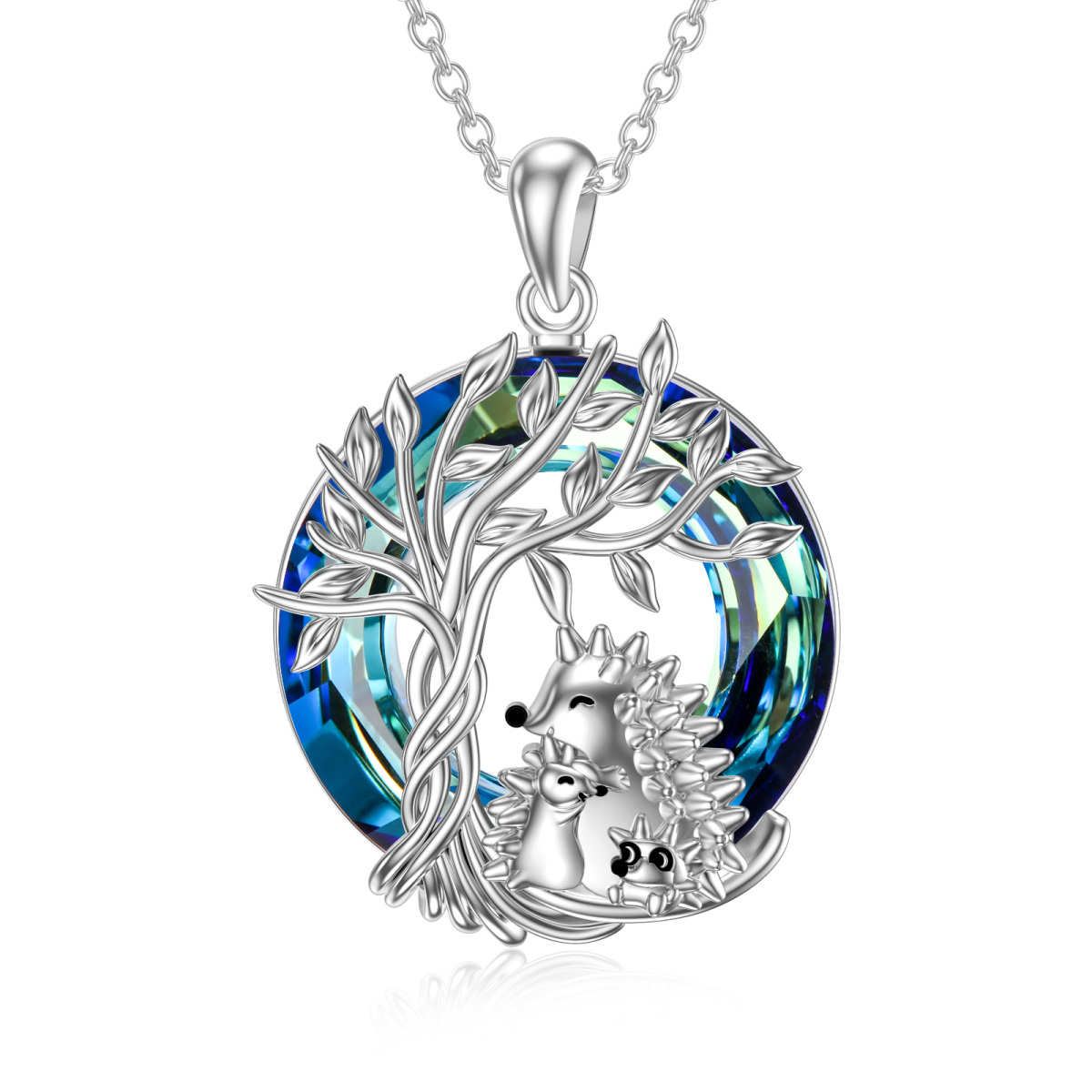 Sterling Silver Round Hedgehog & Tree Of Life Crystal Pendant Necklace-1