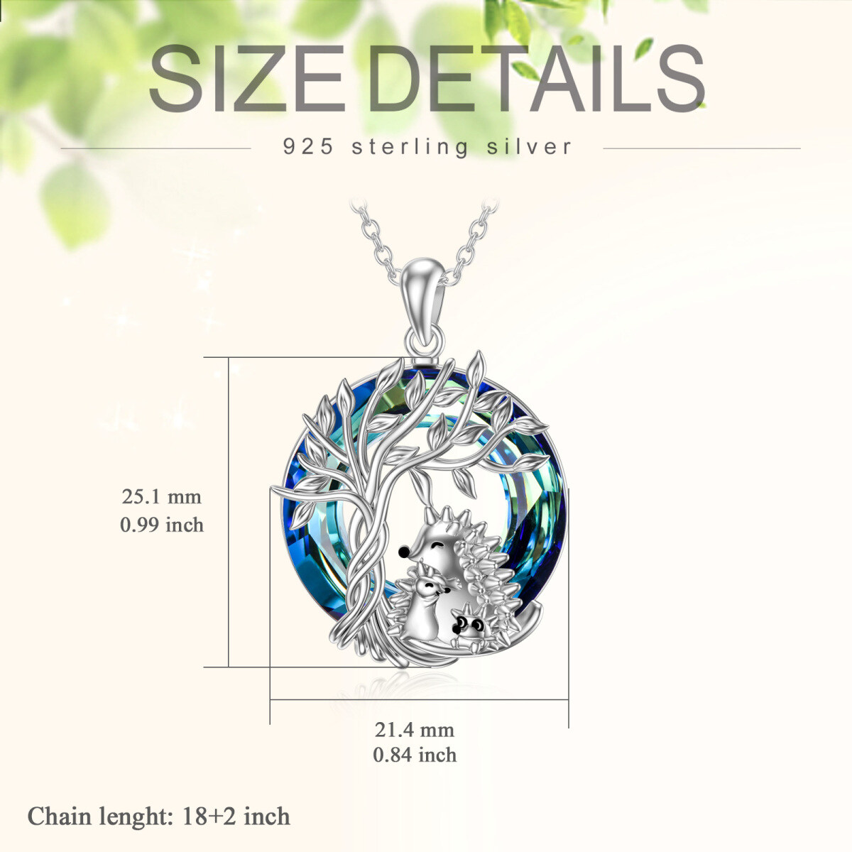 Sterling Silver Round Hedgehog & Tree Of Life Crystal Pendant Necklace-5