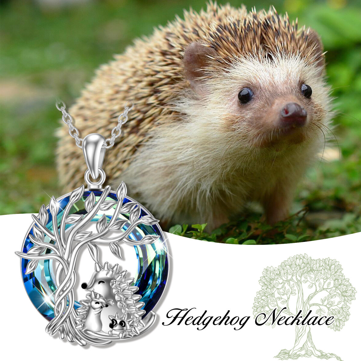 Sterling Silver Round Hedgehog & Tree Of Life Crystal Pendant Necklace-6