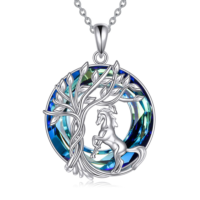 Collier en argent sterling avec pendentif en cristal cheval rond et arbre de vie