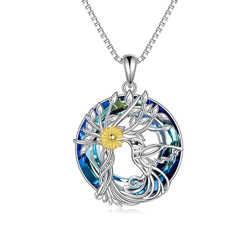 Sterling Silver Round Hummingbird & Tree Of Life Crystal Pendant Necklace-1