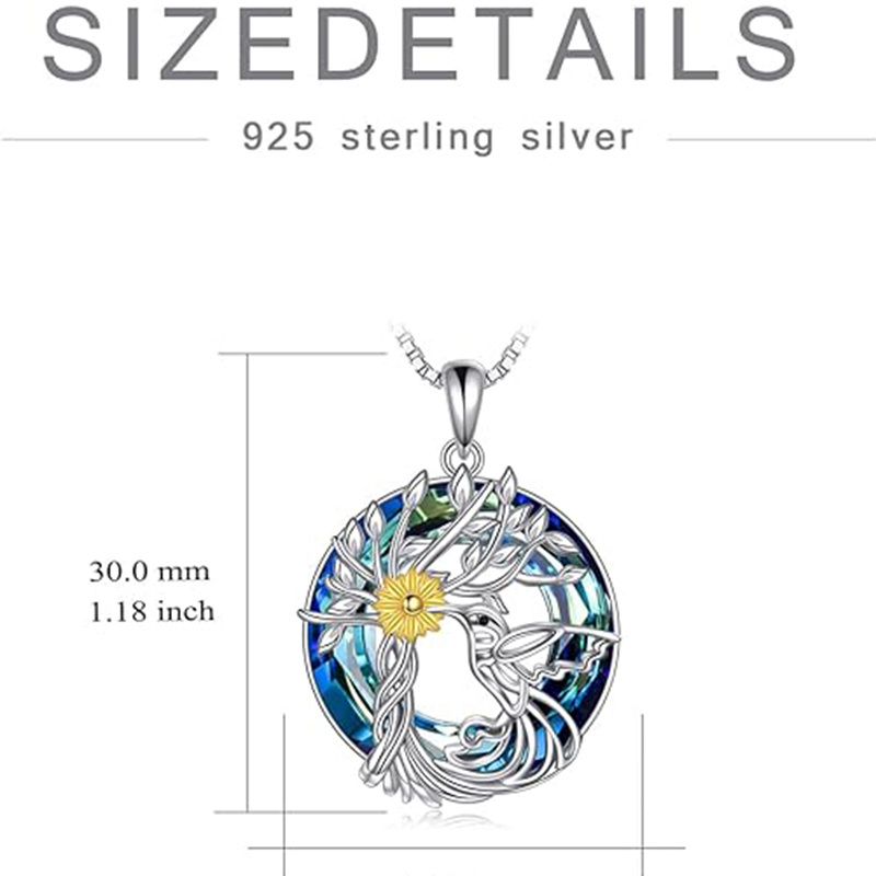 Sterling Silver Round Hummingbird & Tree Of Life Crystal Pendant Necklace-5