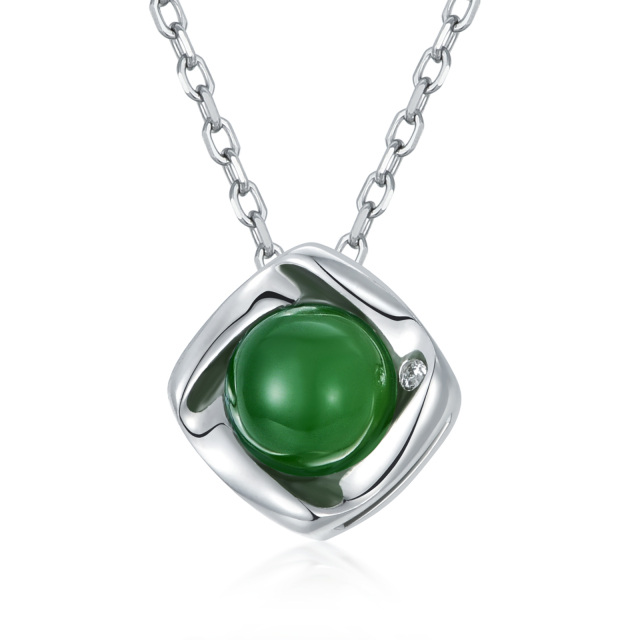 Sterling Silver Round Jade Square Pendant Necklace-1