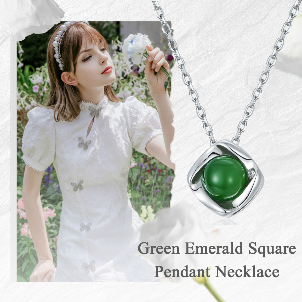 Sterling Silver Round Jade Square Pendant Necklace-3