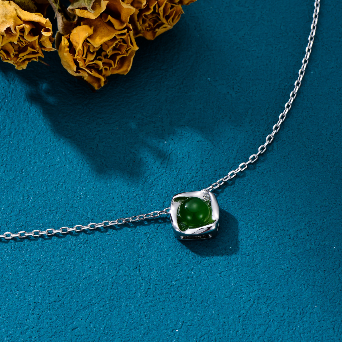 Sterling Silver Round Jade Square Pendant Necklace-5