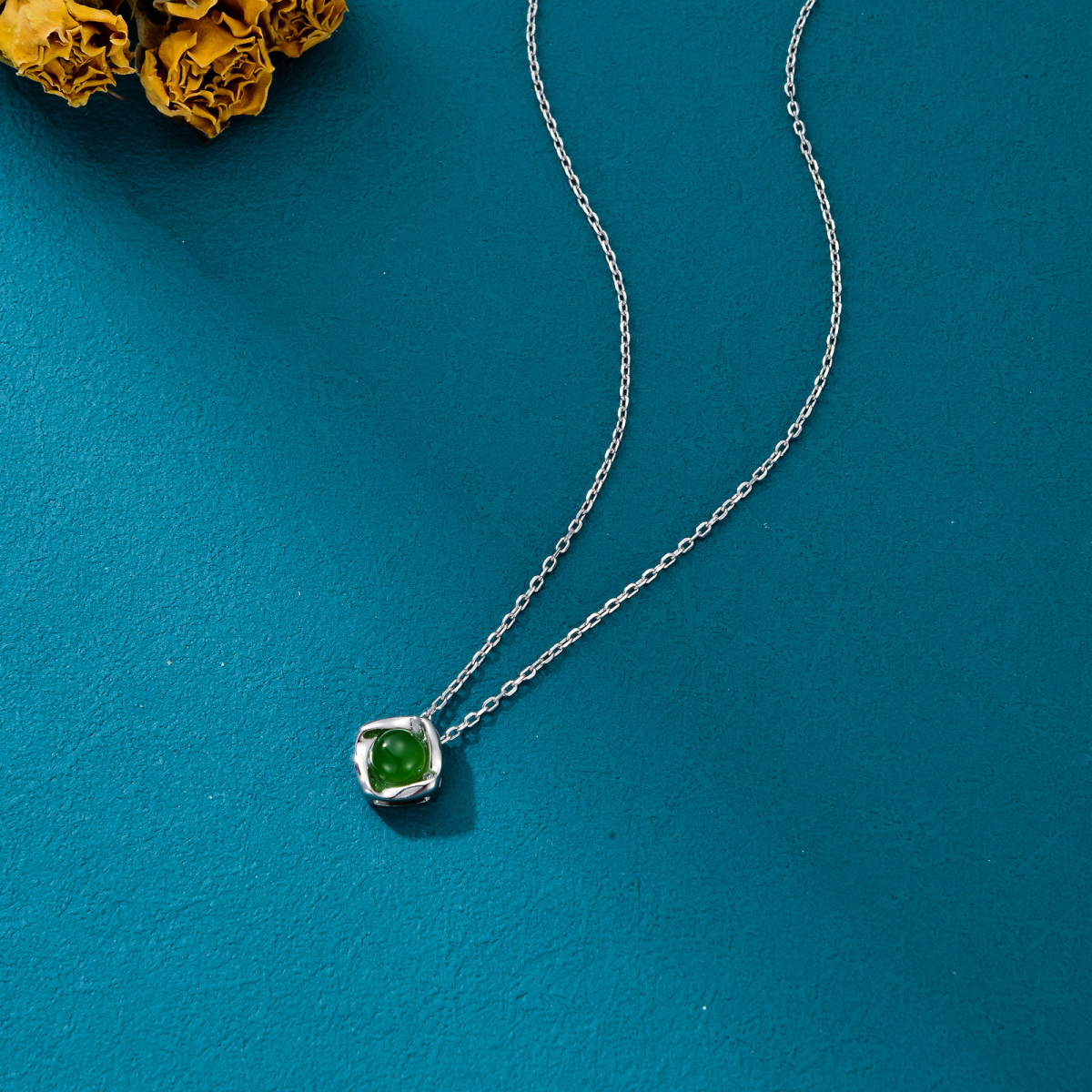 Sterling Silver Round Jade Square Pendant Necklace-6