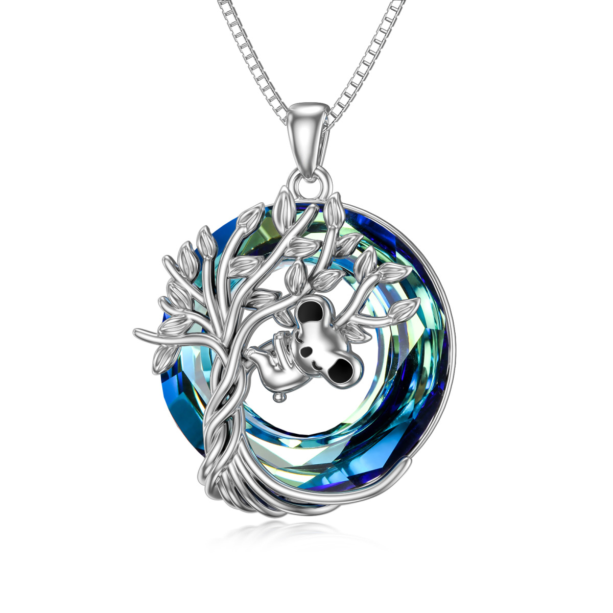 Sterling Silver Round Koala & Tree Of Life Crystal Pendant Necklace-1