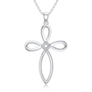 Sterling Silver Round Lab Created Diamond Celtic Knot & Cross Pendant Necklace-16