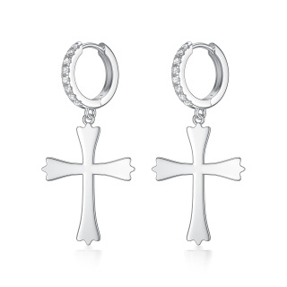 Sterling Silver Round Lab Created Diamond Cross Drop Earrings-3