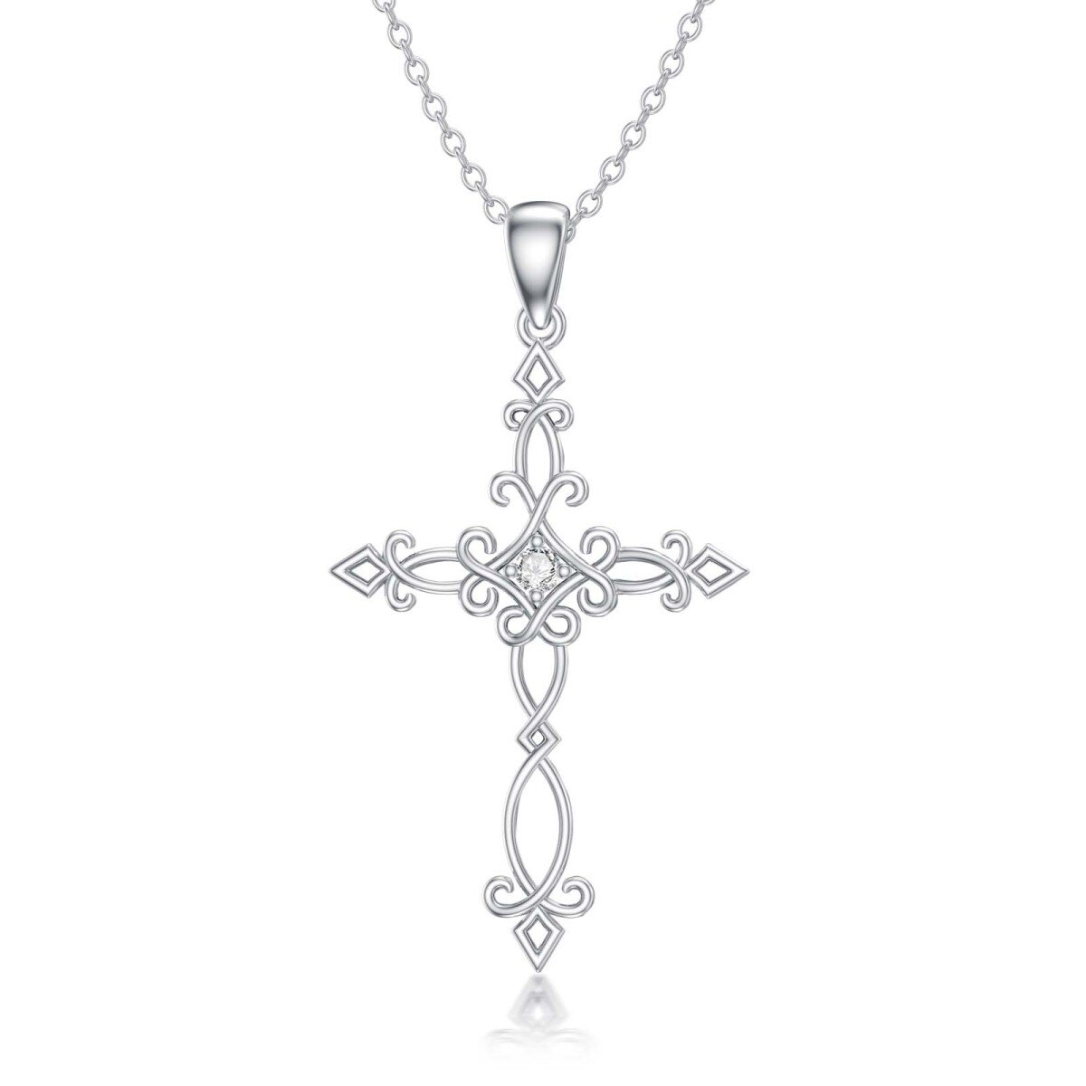 Sterling Silver Round Lab Created Diamond Cross Pendant Necklace-1