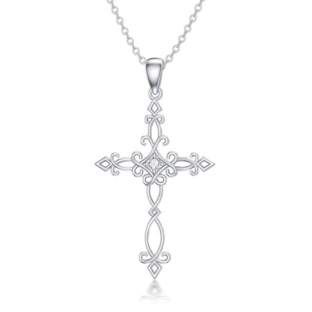 Collana con ciondolo a croce in argento sterling con diamanti rotondi creati in laboratorio