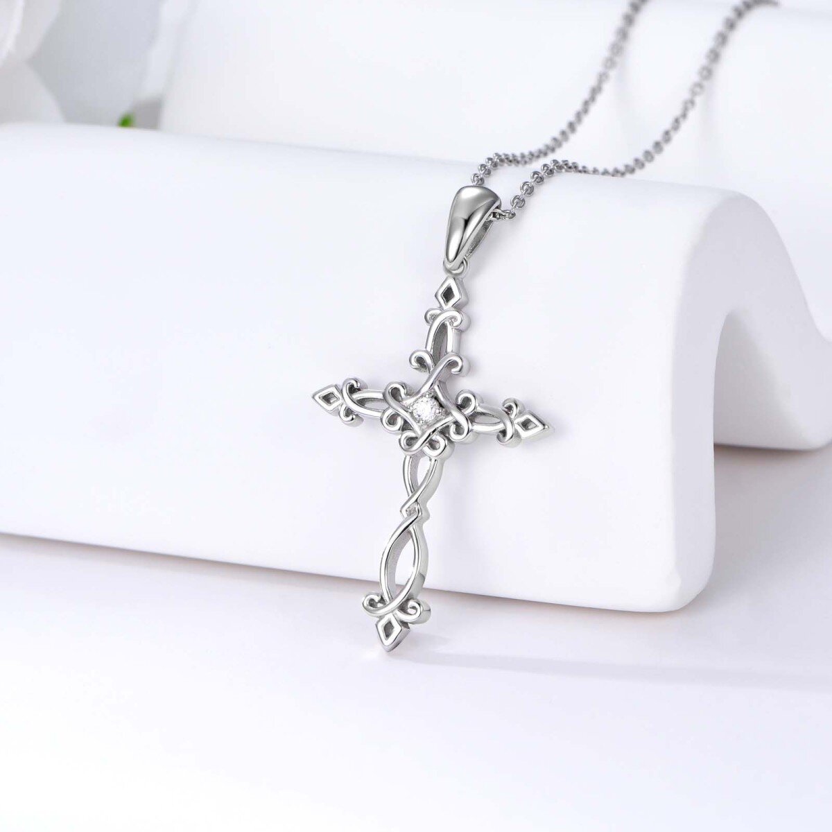 Sterling Silver Round Lab Created Diamond Cross Pendant Necklace-3