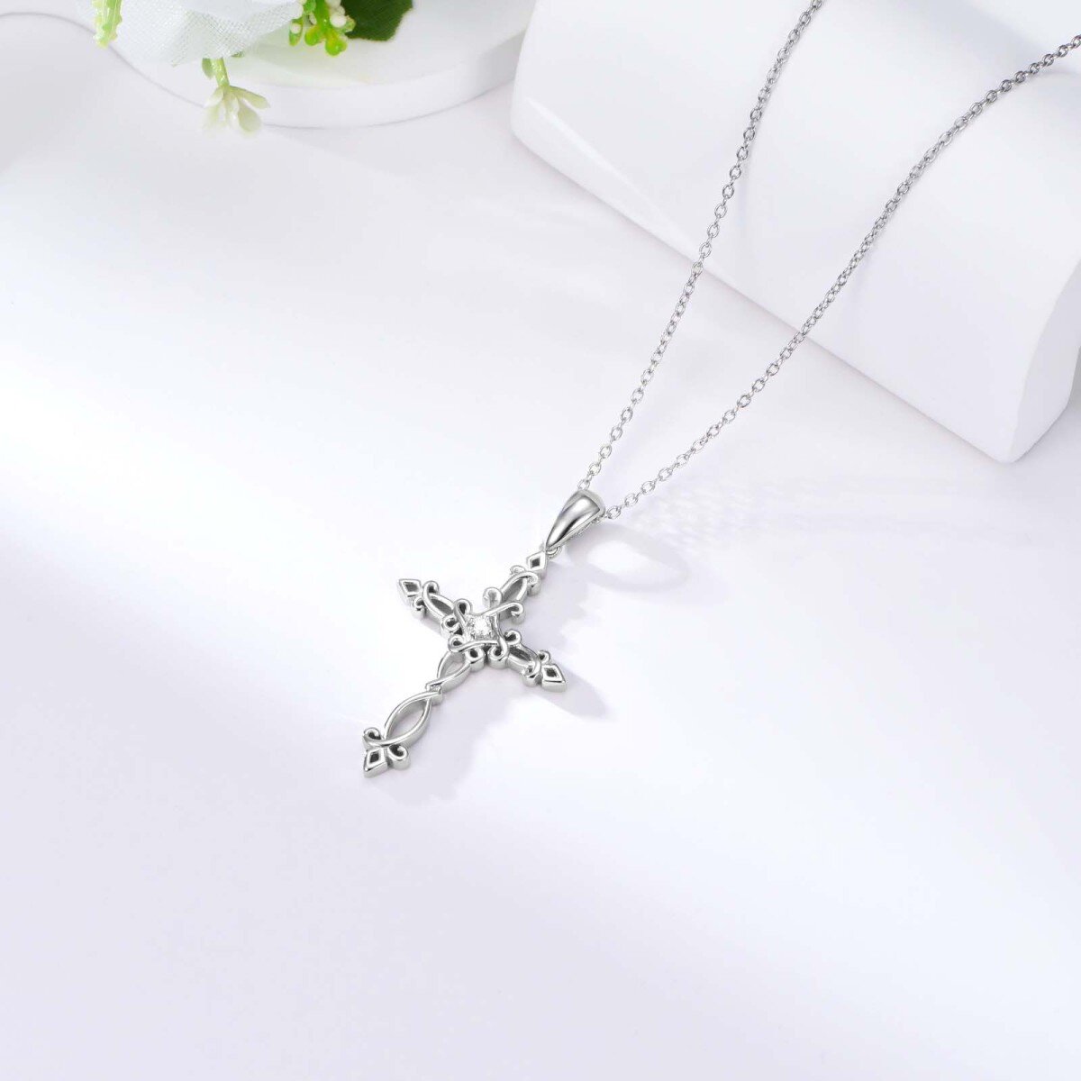 Sterling Silver Round Lab Created Diamond Cross Pendant Necklace-4