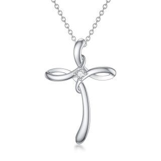 Sterling Silver Round Lab Created Diamond Cross Pendant Necklace-5